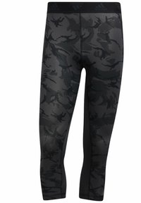 Czarne i ciemnoszare legginsy kompresyjne Adidas w wzór kamuflażu z szerokim, elastycznym pasem i brandingiem logo.