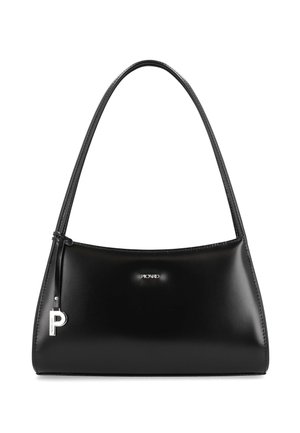 Black leather handbag with a smooth, glossy texture. Features a curved handle, silver logo detail, and a small silver charm attached.