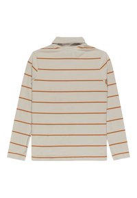 Chemise à manches longues en beige clair avec des rayures horizontales orange, présentant un col et un tissu doux et texturé.