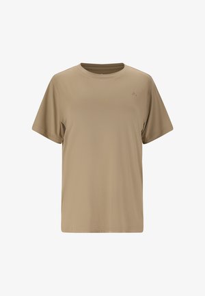 Beige short-sleeve crew neck t-shirt with a small, subtle logo on the upper left chest, displayed on a white background.