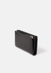 Black leather wallet with a simple, rectangular design. Features a zip closure and multiple card slots inside. Smooth texture.