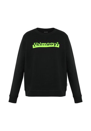 Black sweatshirt with a crew neck, featuring a neon green graphic text design on the front. Soft fabric and ribbed cuffs.