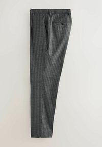 Gray pinstriped trousers with a tailored fit, featuring a single back pocket and flat front. The fabric displays a subtle texture.