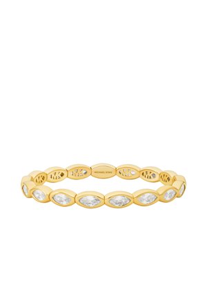 Goldfarbenes Armband mit ovalen klaren Steinen und gravierten Michael Kors Logos auf verbundenen ovalen Segmenten.