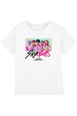 Five animated male characters with colorful hair pose together above stylized text "Saija Boys" and "KPOP DEMON HUNTERS" on a white shirt.
