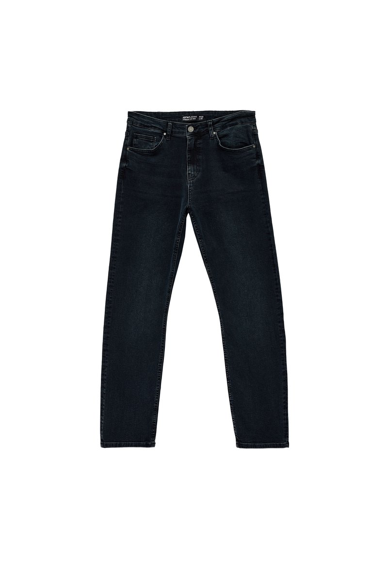 Jeans z ciemnego denimu o prostym kroju, pięciopakowym stylu i metce z logo na pasku. Zawierają subtelne przetarcia i przeszycia.
