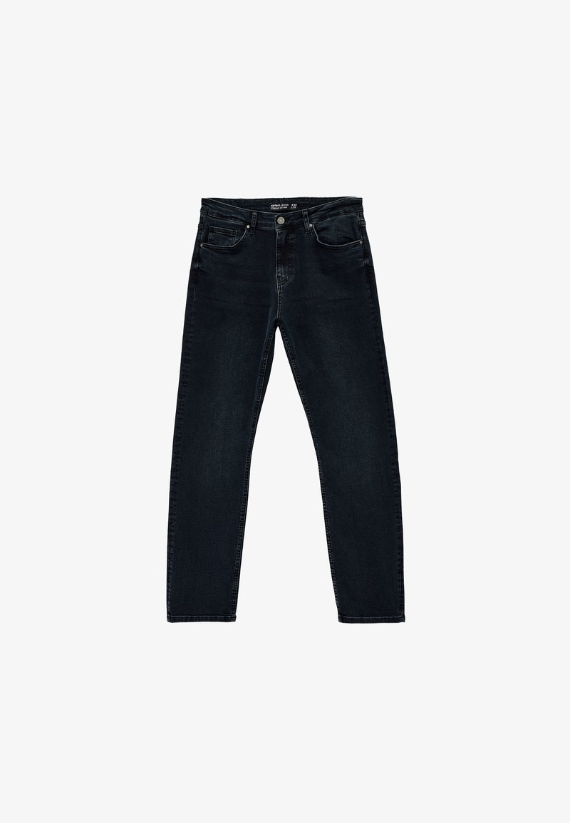 Dunkelblaue Denim-Jeans mit geradem Bein, fünf Taschenstil und einem markierten Taillenlabel. Sie verfügen über dezente Ausbleichungen und Nähte.