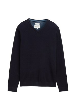 Tmavomodrý sveter s V-výstrihom a dlhými rukávmi, s rebrovanými manžetami a spodným lemom, zobrazený na bielom pozadí.