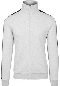 Ljust grå zip-up jacka gjord av mjukt tyg, med hög krage, svarta sidostråk och ribbade ärmslut och nederkant.