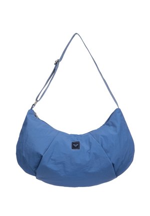 Blue crescent-shaped shoulder bag with adjustable strap and small black logo patch centered on the front.