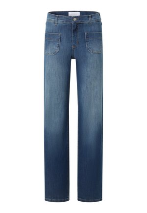 Jean bleu droit avec poches plaquées à l'avant, fermeture à boutons et passants pour ceinture, présentant un léger délavage sur les cuisses et les genoux.