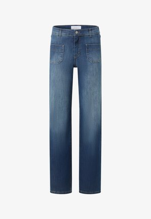 Jean bleu droit avec poches plaquées à l'avant, fermeture à boutons et passants pour ceinture, présentant un léger délavage sur les cuisses et les genoux.