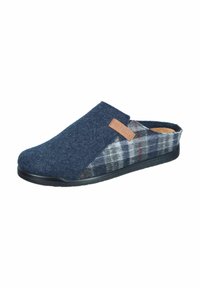 Navy wool slip-on shoe features a plaid textile back, black rubber sole, and a leather accent label. Ideal for casual indoor wear.