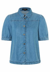 Denimhemdjacke in Hellblau mit Kragen, Puffärmeln, vorderem Knopfverschluss mit goldfarbener Hardware und elastischem Saum.