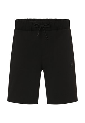 Shorts de sport noirs en tissu doux, dotés d'une ceinture élastique avec cordon de serrage réglable et d'un petit patch logo.