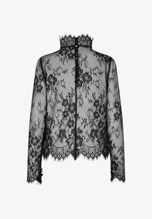 Mustat pitsiset pitkähihaiset yläosat korkealla kauluksella, kukkakuviolla, hapsureunalla ja napp closures takana. Läpinäkyvä ja röpelöinen kangas.