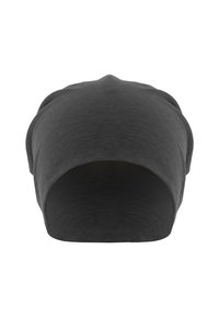 Beanie din material elastic negru, văzut din față, cu o margine pliată și o textură netedă.