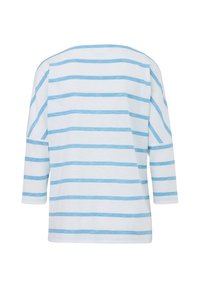 Gestreiftes Langarmshirt in Weiß mit hellblauen horizontalen Streifen. Hat eine lockere Passform und einen weit geschnittenen Bootsausschnitt. Ausweichendes Baumwollmaterial.