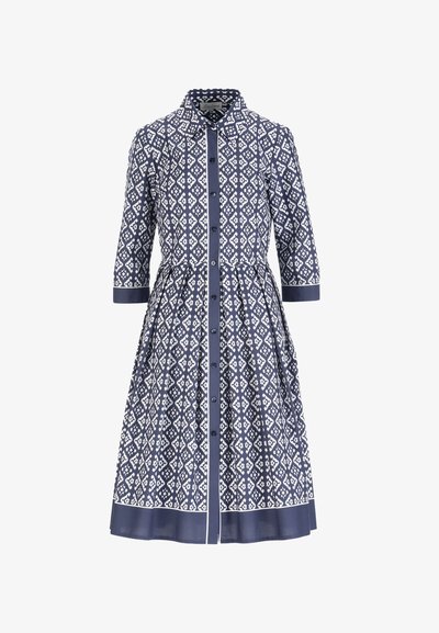 Midi-Kleid mit marineblauem und weißem Muster, langen Ärmeln, durchgehendem Knopfleiste, tailliertem Schnitt und kontrastierenden uni Manschetten und Saum.
