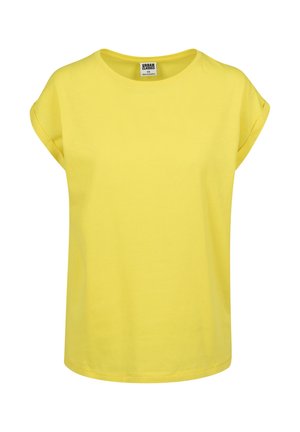 Geltona trumpa rankovė t-shirt, pagaminta iš švelnaus medvilnės, su apvali krūtine ir suvytomis rankovėmis, tiesaus kirpimo ir be raštų ar akcentų.