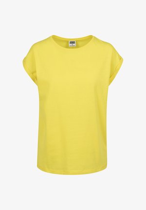 Yellow short-sleeve t-shirt made of soft cotton, featuring a round neck and rolled sleeves, with a straight cut and no patterns or accents.