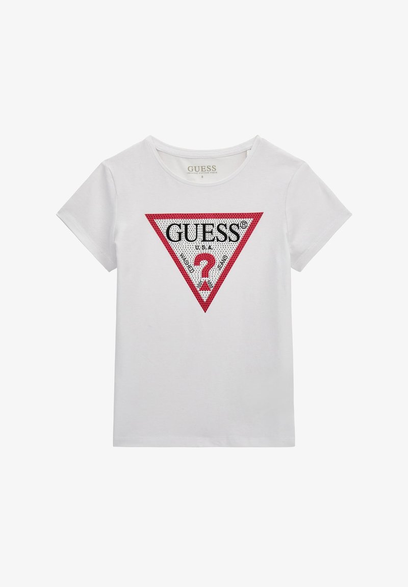 White organic cotton t-shirt featuring a red and black triangular design with "GUESS" and a question mark in the center. Short sleeves, crew neck.