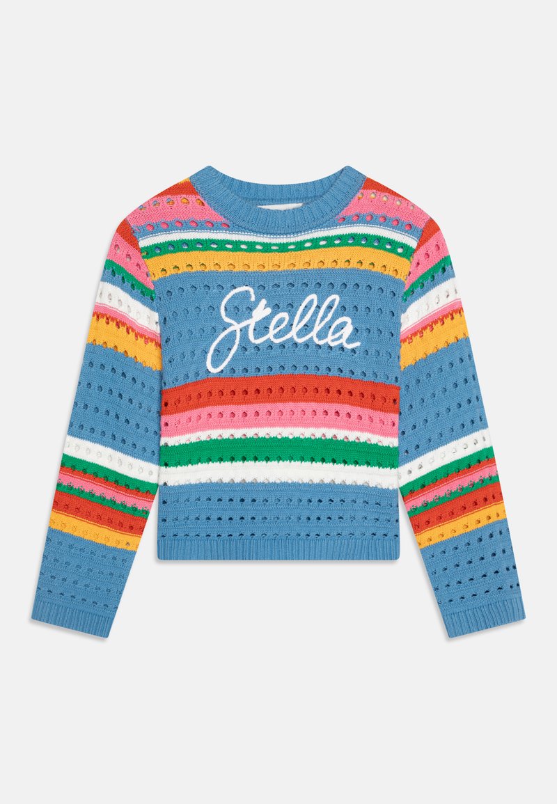 Maglione corto lavorato a maglia di colore azzurro chiaro, con strisce orizzontali multicolori e texture a traforato. Ricamo "Stella" sul davanti.