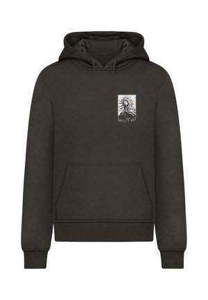 Tummanharmaa huppari, jossa etutasku, säädettävä huppu ja valkoinen etukuva, jossa on hahmo ja auringonsäteitä.