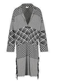 Svartvitt kimono-stil cardigan med geometriska mönster, långa ärmar, öppen framsida, två knappar och fransdetaljer vid fållen.