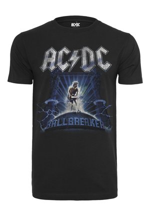 Schwarzes Baumwoll-T-Shirt mit einem Grafikdruck eines Gitarrenspielers, akzentuiert durch Licht und dem Text "AC/DC BALLBREAKER" in fetten Buchstaben.