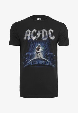 Musta puuvillainen t-paita, jossa on graafinen printti kitaransoitosta valosävyjen kanssa ja teksti "AC/DC BALLBREAKER" paksuilla kirjaimilla.