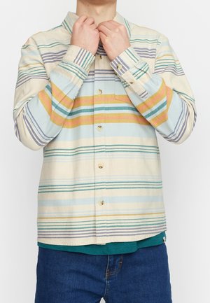 Osoba zapinająca kołnierzyk koszuli na guziki z długim rękawem, w poziome paski w pastelowych odcieniach niebieskiego, zielonego, żółtego i fioletowego.