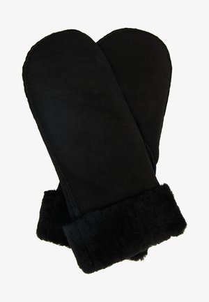 Czarne rękawiczki wykonane z miękkiego zamszu z puszystym czarnym futrem na mankiecie dla dodatkowego ciepła. Charakteryzują się gładką teksturą i zaokrąglonym kształtem.