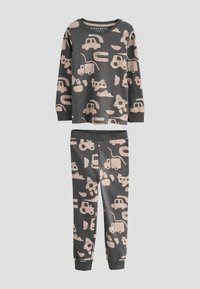 Completo grigio con maniche lunghe e pantaloni caratterizzato da stampe assortite di veicoli e animali in un delicato rosa chiaro. Tessuto in cotone morbido; polsini a costine su maniche e gambe.