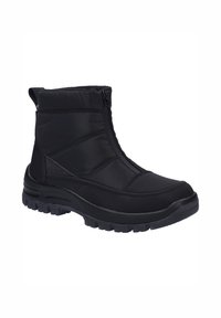 Botas de tobillo acolchadas negras con un exterior liso y resistente al agua, que cuentan con un cierre de cremallera frontal y una suela de goma texturizada para mayor tracción.