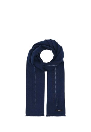 Navy blue scarf with subtle vertical stitch lines and a small rectangular brand tag near one end, displayed against a white background.