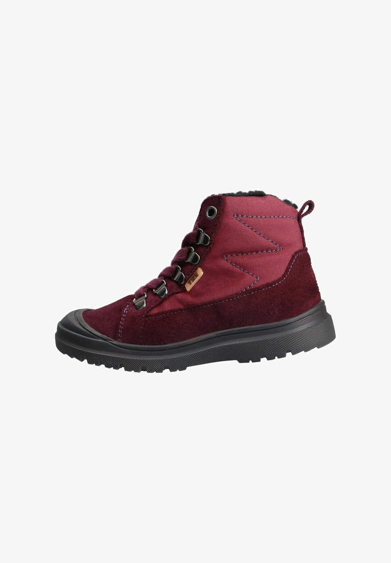 Burgunderfarbene High-Top-Stiefel mit Obermaterial aus Wildleder und Stoff, Gummisohle, Metallösen, dekorativer Stickerei und strukturiertem Profil.