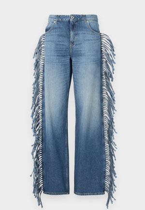 Helle blaue Denim-Jeans im weiten Schnitt mit Fransenverzierungen entlang der Seiten, ausgestattet mit einem Knopfverschluss und klassischem Fünf-Taschen-Design.
