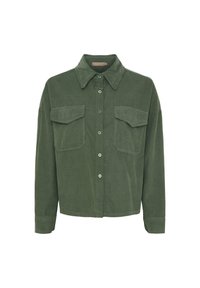 Grønne corduroy skjorte med knaplukning fortil, spidse kraver, to brystlommer og lange ærmer. Tekstileret stof og afslappet pasform.