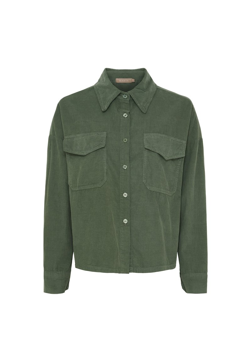 Grønne corduroy skjorte med knaplukning fortil, spidse kraver, to brystlommer og lange ærmer. Tekstileret stof og afslappet pasform.
