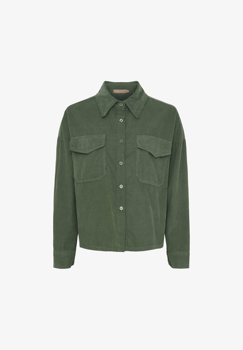 Grønne corduroy skjorte med knaplukning fortil, spidse kraver, to brystlommer og lange ærmer. Tekstileret stof og afslappet pasform.