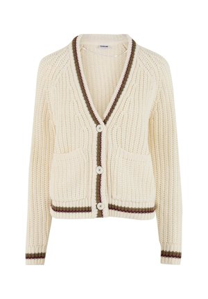 Cardigan crema con lavorazione a maglia testurizzata. Ha un collo a V, due tasche frontali e accenti a righe marroni e bordeaux. Tre bottoni sul davanti.