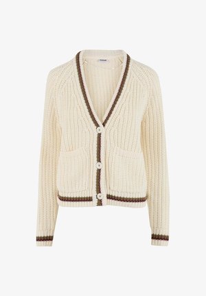 Krämfärgad cardigan med en strukturerad stickning. Den har en V-ringning, två framfickor och bruna och burgundy-randiga detaljer. Tre knappar fram.