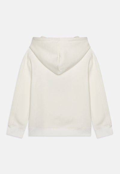 Hooded sweatshirt in soft, cream-colored fabric with a relaxed fit, ribbed cuffs, and hem. Smooth texture, simple design with no visible logos.