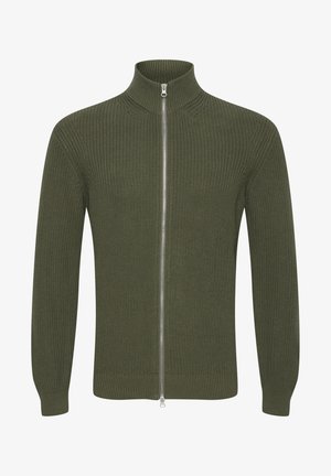 Oliivroheline kudumiga tõmmatav sviiter kõrge kraega, millel on ribakonstruktsioon, pikad varrukad ja hõbedane tõmblukk.