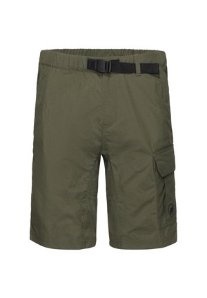 Shorts cargo vert olive en tissu léger. Dotés d'une taille élastique avec ceinture, de poches latérales et d'une poche à rabat.