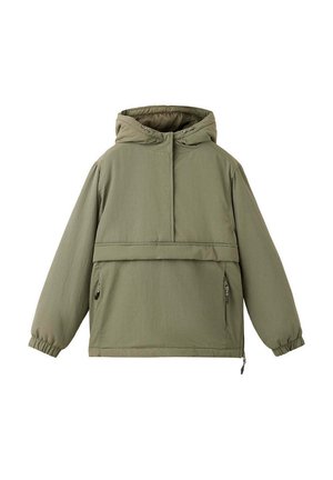 Chaqueta con capucha verde, mangas largas, bolsillos delanteros con cremallera y puños elásticos, diseñada para uso informal.