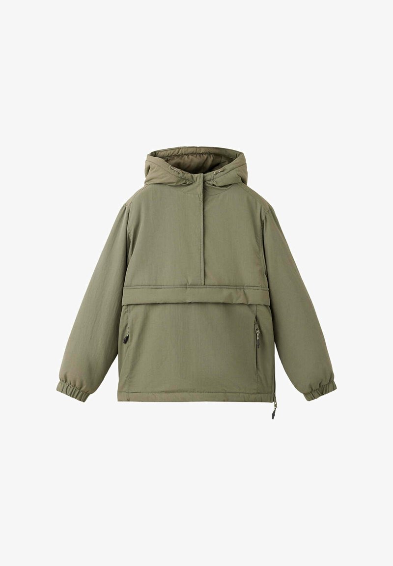 Veste à capuche verte avec manches longues, poches zippées à l'avant et poignets élastiques, conçue pour un usage décontracté.