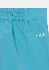 Pantalones cortos activos turquesa con una cinturilla elástica de textura fruncida y un logo impreso en blanco "A.W.S. ACTIVE" en el lado inferior.