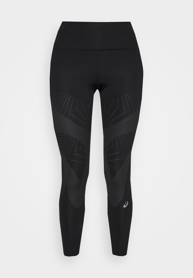 Zwarte leggings van rekbaar materiaal, met een geometrisch stippenpatroon en een hoge tailleband. Logo aan de onderzijde.